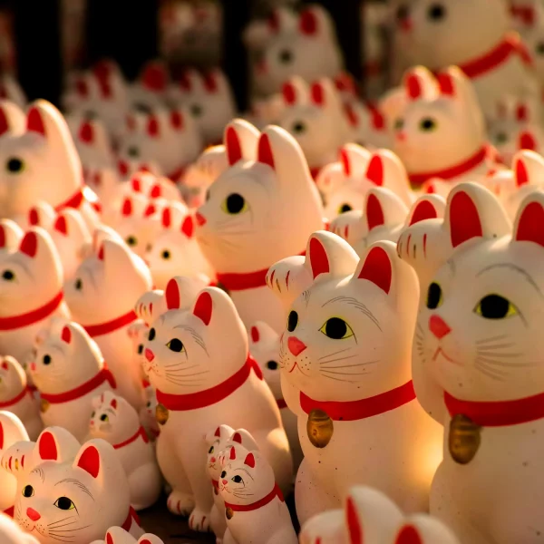 Des dizaines de statuettes de Manekineko blanches et rouges alignées sous le soleil de l’après midi au temple Gotokuji à Tokyo